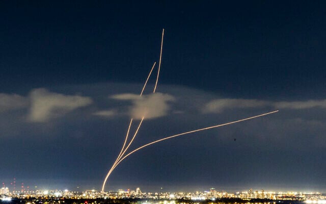 Interceptor missiles are fired at Iranian ballistic missiles over central Israel, March 9, 2026. (Yossi Aloni/Flash90) Interceptor missiles are fired at Iranian ballistic missiles over central Israel, March 9, 2026. (Yossi Aloni/Flash90)