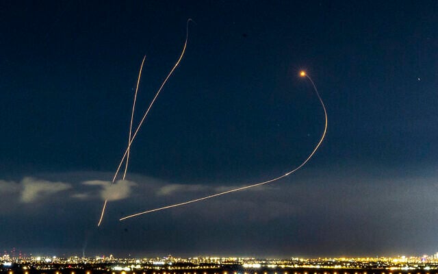 An Israeli missile defense system fires interceptions at missiles fired from Iran, as seen over central Israel, March 9, 2026. (Yossi Aloni/Flash90) An Israeli missile defense system fires interceptions at missiles fired from Iran, as seen over central Israel, March 9, 2026. (Yossi Aloni/Flash90)