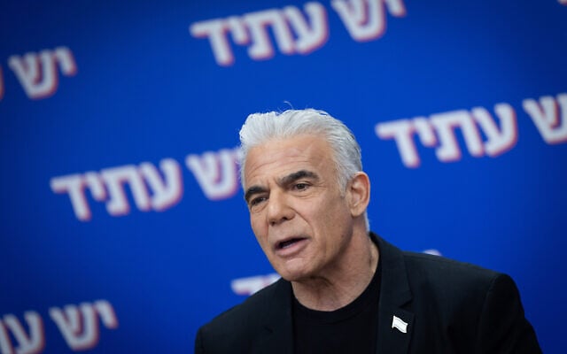 Opposition Leader Yair Lapid at a faction meeting at the Knesset in Jerusalem, on March 9, 2026 (Yonatan Sindel/Flash90) Opposition Leader Yair Lapid at a faction meeting at the Knesset in Jerusalem, on March 9, 2026 (Yonatan Sindel/Flash90)