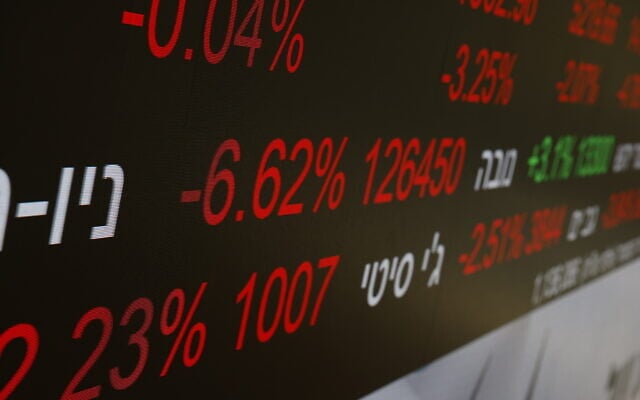 An electronic board displaying market data at the Tel Aviv Stock Exchange, March 2, 2026 (Yehoshua Yosef/Flash90) An electronic board displaying market data at the Tel Aviv Stock Exchange, March 2, 2026 (Yehoshua Yosef/Flash90)