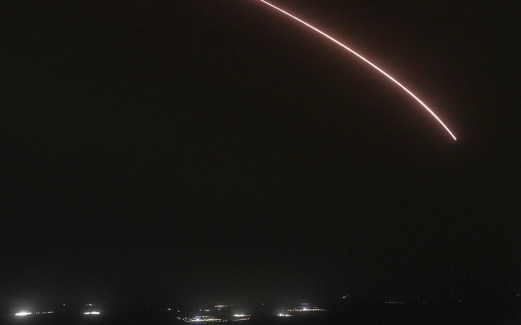 A rocket fired from Lebanon is  intercepted by Israel’s air defense system over northern Israel, March 11, 2026. (Ayal Margolin/Flash90)