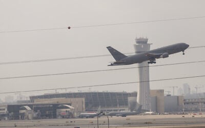 A plane departs from Ben Gurion Airport, March 16, 2026. (Yossi Aloni/Flash90) A plane departs from Ben Gurion Airport, March 16, 2026. (Yossi Aloni/Flash90)