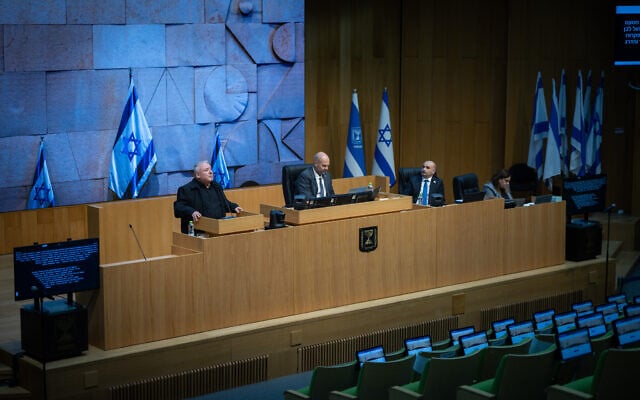 The Knesset's fortified auditorium during the war with Iran and Hezbollah, March 23, 2026. (Yonatan Sindel/Flash90) The Knesset's fortified auditorium during the war with Iran and Hezbollah, March 23, 2026. (Yonatan Sindel/Flash90)