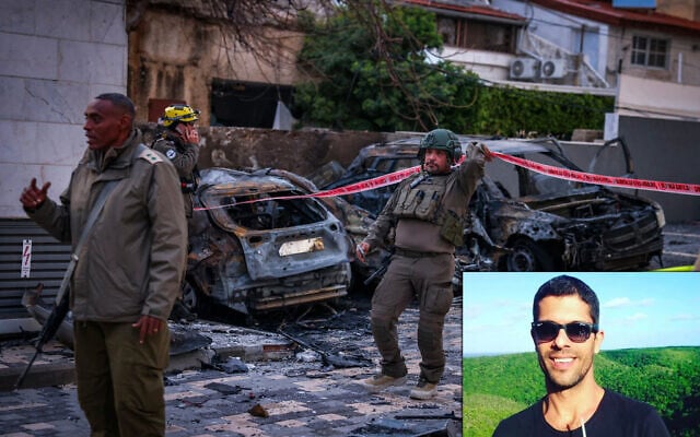 Security and rescue forces are seen at the scene where a rocket fired from Lebanon struck the northern city of Nahariya, March 26, 2026. (David Cohen/Flash90); Inset: Victim Uri Peretz (Courtesy) Security and rescue forces are seen at the scene where a rocket fired from Lebanon struck the northern city of Nahariya, March 26, 2026. (David Cohen/Flash90); Inset: Victim Uri Peretz (Courtesy)