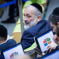 Shas chairman Aryeh Deri attends a vote on the 2026 state budget in the Knesset, March 29, 2026. (Yonatan Sindel/Flash90)