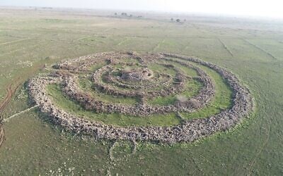 Aerial photo of Rujm el-Hiri, an ancient monumental site in the Golan Heights, view to east. (Y. Shmidov and A. Wiegmann) Aerial photo of Rujm el-Hiri, an ancient monumental site in the Golan Heights, view to east. (Y. Shmidov and A. Wiegmann)