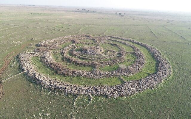 Aerial photo of Rujm el-Hiri, an ancient monumental site in the Golan Heights, view to east. (Y. Shmidov and A. Wiegmann)