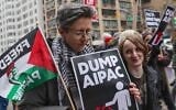 Illustrative: Pro-Palestinian, anti-Israel demonstrators rally outside AIPAC headquarters and the offices of Sens. Chuck Schumer and Kirsten Gillibrand, who've both been endorsed by the group, in New York City, February 22, 2024. (Selcuk Acar/Anadolu via Getty Images/ via JTA)