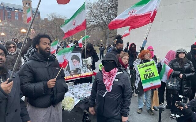 A vigil for Iranian supreme leader Ayatollah Ali Khamenei in New York City, March 6, 2026. (Luke Tress/Times of Israel)