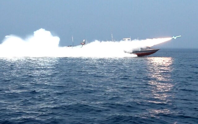 A rocket being fired from a boat during a military exercise by members of the Iran's Revolutionary Guards Corps and navy in the Strait of Hormuz in a photo released on February 17, 2026. (Sepah News/AFP) A rocket being fired from a boat during a military exercise by members of the Iran's Revolutionary Guards Corps and navy in the Strait of Hormuz in a photo released on February 17, 2026. (Sepah News/AFP)