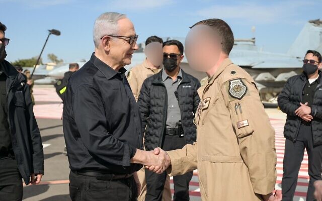 Prime Minister Benjamin Netanyahu visits the Ovda Israeli Air Force base in southern Israel housing both Israeli and American air crews, on March 5, 2026. (Ma'ayan Toaf/ GPO)