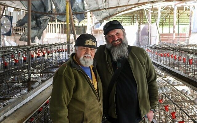 Mayor of Netu’a Yoav Cohen (left) poses with a worker at the moshav’s central chicken farm. (Theia Chatelle/ JTA)