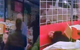 A masked man points his gun at Arraba mayor Ahmad Nassar and his deputy, Anwar Yassin (left), who are dining with others at a restaurant, and then opens fire, moderately injuring Nassar (in right photo) and Yassin on March 8, 2026. (Screenshot/X; Used in accordance with Clause 27a of the Copyright Law)