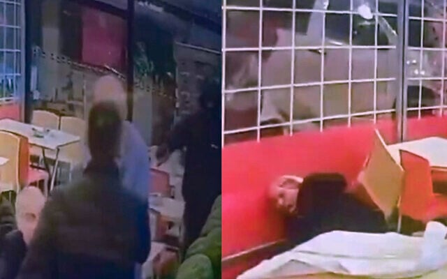 A masked man points his gun at Arraba mayor Ahmad Nassar and his deputy, Anwar Yassin (left), who are dining with others at a restaurant, and then opens fire, moderately injuring Nassar (in right photo) and Yassin on March 8, 2026. (Screenshot/X; Used in accordance with Clause 27a of the Copyright Law) A masked man points his gun at Arraba mayor Ahmad Nassar and his deputy, Anwar Yassin (left), who are dining with others at a restaurant, and then opens fire, moderately injuring Nassar (in right photo) and Yassin on March 8, 2026. (Screenshot/X; Used in accordance with Clause 27a of the Copyright Law)