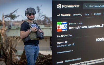 Left: The Times of Israel's military correspondent, Emanuel Fabian, in southern Lebanon on November 21, 2024; Right: This photo taken on March 16, 2026, shows a bet on the Polymarket site titled 'Iran strikes Israel on...?' (Chaim Goldberg/ Flash90; Emanuel Fabian/ Times of Israel)