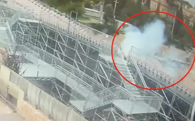 Smoke rises from where the warhead of an Iranian ballistic missile fell in the Sultan’s Pool outdoor venue just meters from the Old City of Jerusalem, February 28, 2026. (Screenshot, courtesy, Israel Police Spokesperson’s Department) Smoke rises from where the warhead of an Iranian ballistic missile fell in the Sultan’s Pool outdoor venue just meters from the Old City of Jerusalem, February 28, 2026. (Screenshot, courtesy, Israel Police Spokesperson’s Department)