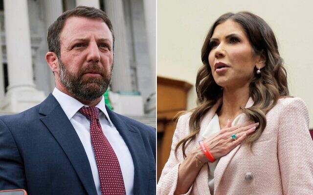 Left: US Sen. Markwayne Mullin (R-OK) speaks to reporters outside the US Capitol Building on March 5, 2026 in Washington, DC. (Anna Moneymaker / Getty Images North America / Getty Images via AFP); Right: Outgoing US secretary of homeland security Kristi Noem prepares to testify during a House Judiciary Committee hearing in the Rayburn House Office Building on March 4, 2026 in Washington, DC. (Heather Diehl / Getty Images North America / Getty Images via AFP) Left: US Sen. Markwayne Mullin (R-OK) speaks to reporters outside the US Capitol Building on March 5, 2026 in Washington, DC. (Anna Moneymaker / Getty Images North America / Getty Images via AFP); Right: Outgoing US secretary of homeland security Kristi Noem prepares to testify during a House Judiciary Committee hearing in the Rayburn House Office Building on March 4, 2026 in Washington, DC. (Heather Diehl / Getty Images North America / Getty Images via AFP)
