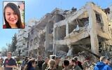 The scene where a ballistic missile fired from Iran hit Tel Aviv overnight, causing heavy damage, March 1, 2026. Inset: Mary Ann De Vera, 32, a Filipino national killed in the attack. (Nava Freiberg / Times of Israel; courtesy)