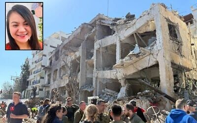 The scene where a ballistic missile fired from Iran hit Tel Aviv overnight, causing heavy damage, March 1, 2026. Inset: Mary Ann De Vera, 32, a Filipino national killed in the attack. (Nava Freiberg / Times of Israel; courtesy)