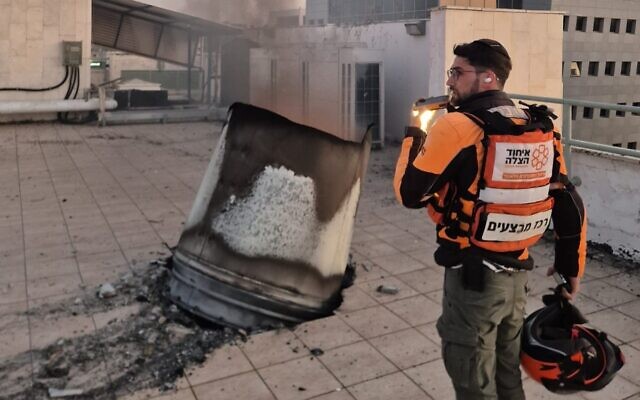 An Iranian missile fragment is seen in central Israel, March 2, 2026. (United Hatzalah) An Iranian missile fragment is seen in central Israel, March 2, 2026. (United Hatzalah)