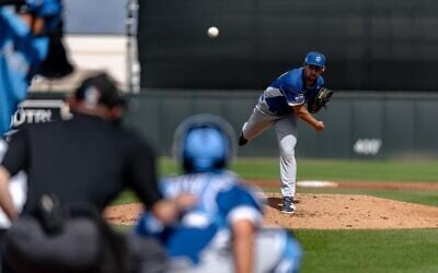 Team Israel's Justin Alinoff pitches during the team's exhibition game against the Miami Marlins, March 3, 2026 (Courtesy Jared Polin)