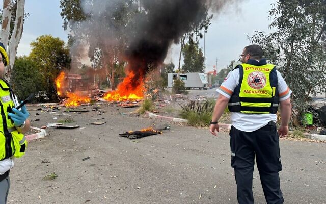 A fire in central Israel following an Iranian missile attack, March 13, 2026. (Magen David Adom) A fire in central Israel following an Iranian missile attack, March 13, 2026. (Magen David Adom)