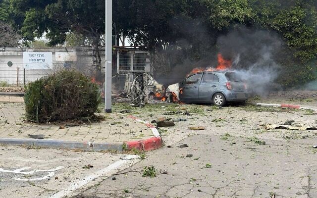 A car burns in Israel as the result of a cluster bomb warhead in a ballistic missile attack from Iran on March 15, 2026 (Magen David Adom) A car burns in Israel as the result of a cluster bomb warhead in a ballistic missile attack from Iran on March 15, 2026 (Magen David Adom)