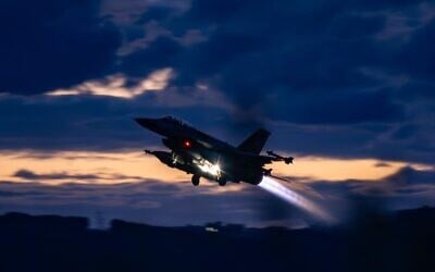 An Israeli Air Force F-16 fighter jet takes off from an airbase in Israel for strikes in Iran, in a handout photo published on March 3, 2026. (Israel Defense Forces)