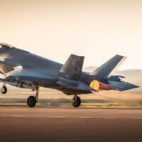 Illustrative: An Israeli Air Force F-35I fighter jet prepares to take off for strikes in Iran, in a handout photo published on March 19, 2026. (Israel Defense Forces)