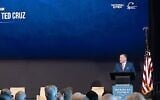 US Senator Ted Cruz of Texas speaks at the Antisemitism Symposium hosted by the Republican Jewish Coalition and National Review, Washington, DC, March 10, 2026. (Joseph Strauss via JTA)