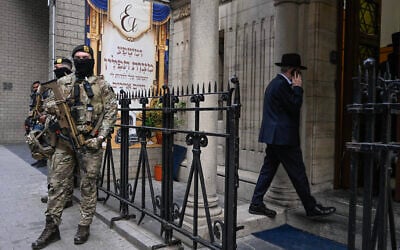 Belgian military personnel stand guard outside a synagogue in central Antwerp as part of Belgium's reinforced security measures established at Jewish schools and synagogues, on March 23, 2026. (John Thys/AFP) Belgian military personnel stand guard outside a synagogue in central Antwerp as part of Belgium's reinforced security measures established at Jewish schools and synagogues, on March 23, 2026. (John Thys/AFP)