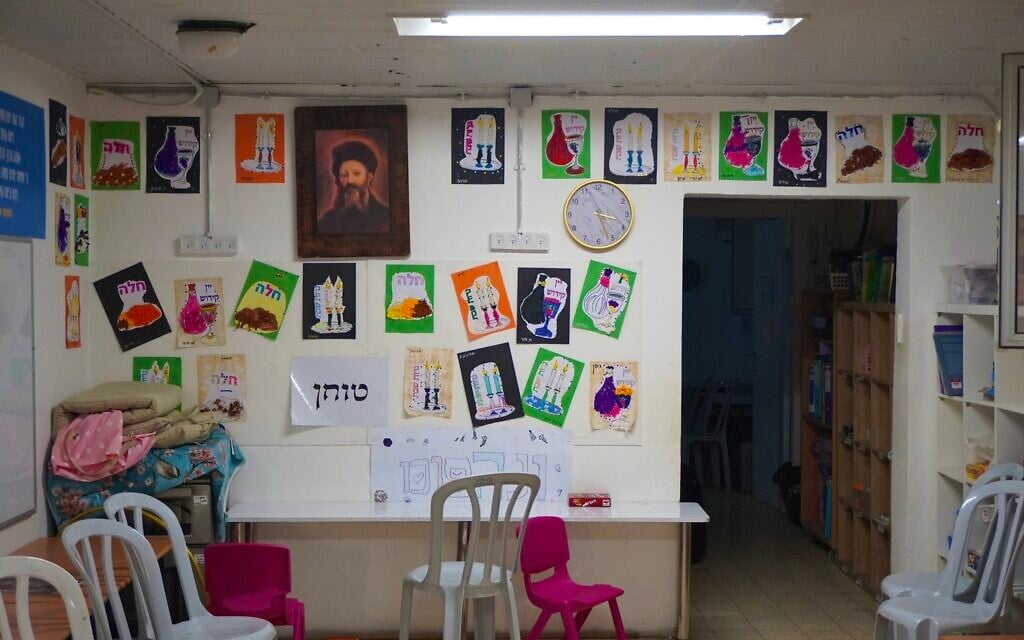 A public shelter that has been turned into a kindergarten for ultra-Orthodox girls in Arad, pictured on March 25, 2026. (Charlie Summers/Times of Israel)