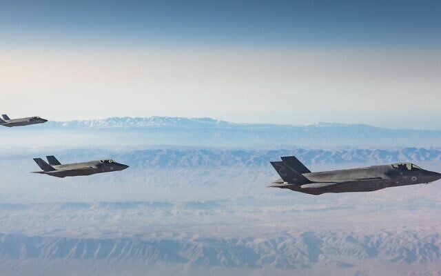 Israeli Air Force F-35I fighter jets head to carry out strikes in Iran, in a photo published by the military on March 15, 2026. (Israel Defense Forces)