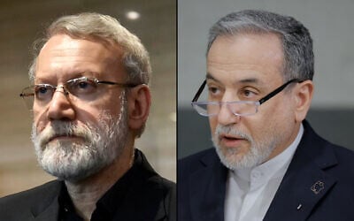 Left: Iranian Secretary of Supreme National Security Council Ali Larijani in Beirut, Lebanon, August 13, 2025; Right: Iran's Foreign Minister Abbas Araghchi at a United Nations conference on February 17, 2026. (Lebanese Parliament/AFP, Valentin Flauraud/AFP)