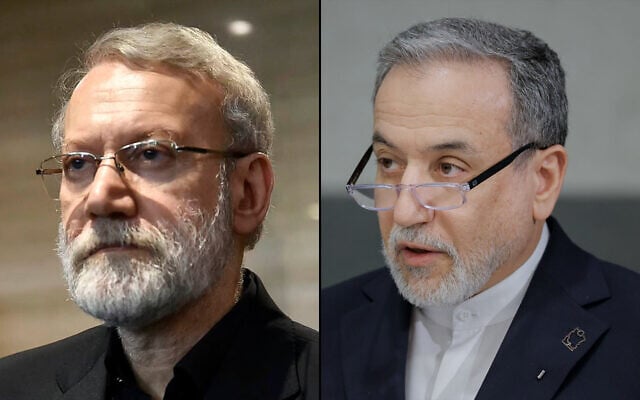 Left: Iranian Secretary of Supreme National Security Council Ali Larijani in Beirut, Lebanon, August 13, 2025; Right: Iran's Foreign Minister Abbas Araghchi at a United Nations conference on February 17, 2026. (Lebanese Parliament/AFP, Valentin Flauraud/AFP) Left: Iranian Secretary of Supreme National Security Council Ali Larijani in Beirut, Lebanon, August 13, 2025; Right: Iran's Foreign Minister Abbas Araghchi at a United Nations conference on February 17, 2026. (Lebanese Parliament/AFP, Valentin Flauraud/AFP)