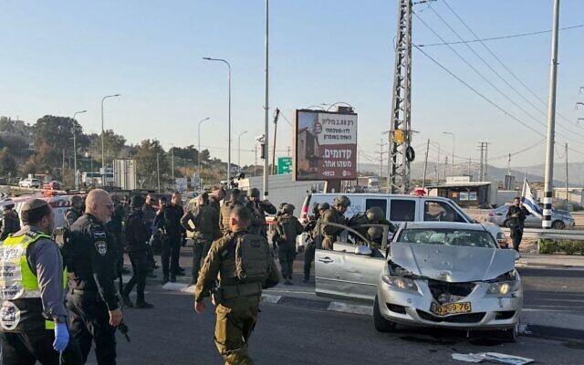 The scene of an attempted car-ramming and shooting attack against IDF troops near Tapuah Junction at the West Bank, March 12, 2026. (Rescuers Without Borders) The scene of an attempted car-ramming and shooting attack against IDF troops near Tapuah Junction at the West Bank, March 12, 2026. (Rescuers Without Borders)