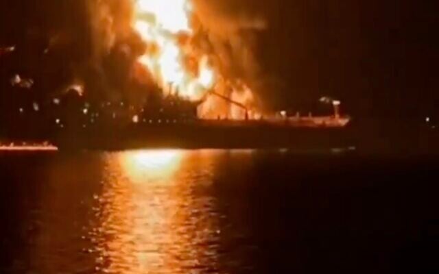 An oil tanker is engulfed in flames after an apparent attack by Iran in Iraqi waters, March 12 (Screen grab used in accordance with Clause 27a of the Copyright Law) An oil tanker is engulfed in flames after an apparent attack by Iran in Iraqi waters, March 12 (Screen grab used in accordance with Clause 27a of the Copyright Law)