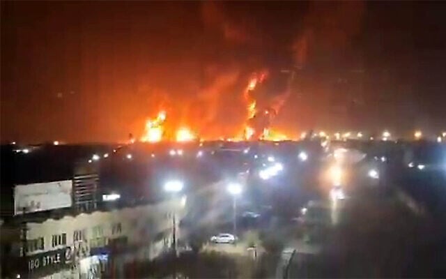 Screengrab of a social media video appearing to show the aftermath of Israeli strikes on Iranian oil infrastructure in Tehran, March 7, 2026. (X, used in accordance with Clause 27a of the Copyright Law)