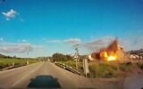 This image from a dashcam video shows a Hezbollah missile striking the SES Satellite Station in Haela Valley near Beit Shemesh, March 9, 2026. (Social media; used in accordance with Clause 27a of the Copyright Law)