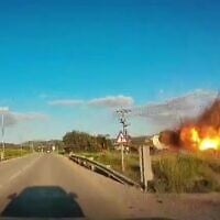 This image from a dashcam video shows a Hezbollah missile striking the SES Satellite Station in Haela Valley near Beit Shemesh, March 9, 2026. (Social media; used in accordance with Clause 27a of the Copyright Law)