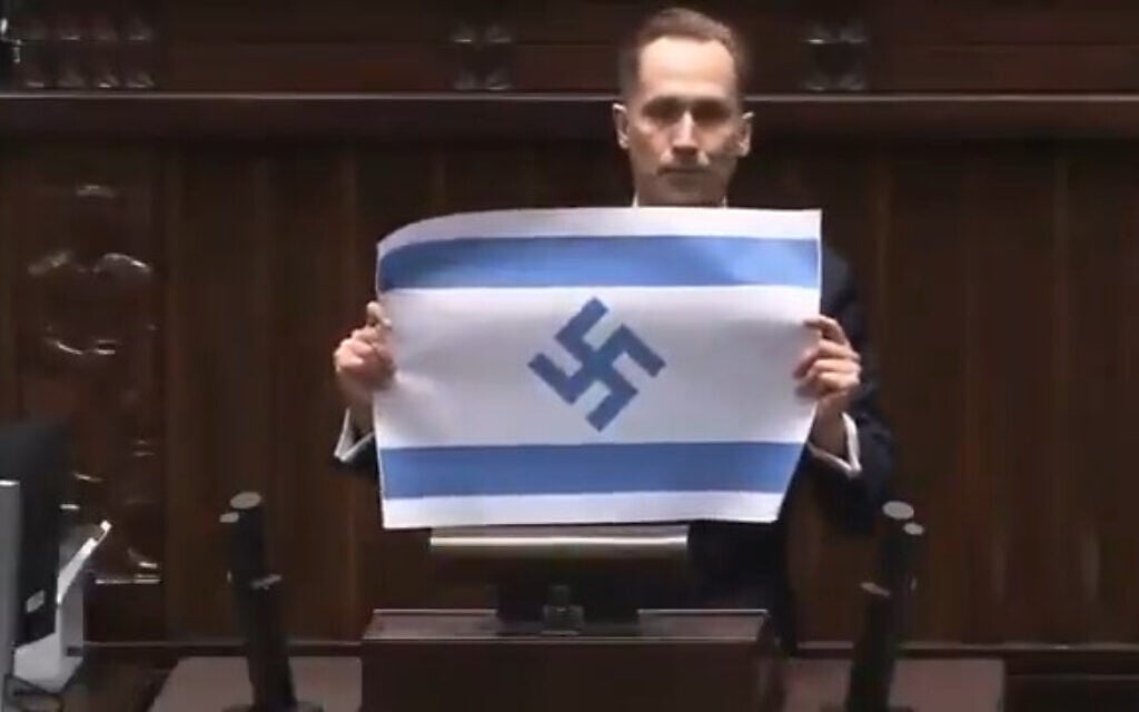 In parliament, Polish MP calls Israel ‘new Third Reich,’ waves Israeli flag with swastika