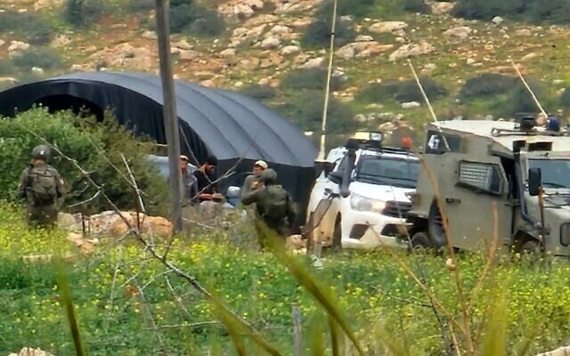 An illegal settler outpost is established inside the Palestinian village of Tayasir, April 1, 2026. (courtesy Amer Dabak)
