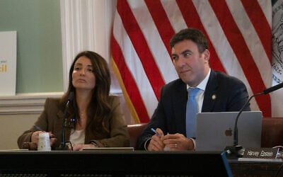 Left, New York City Councilmember Inna Vernikov, right, Councilmember Eric Dinowitz, the co-chairs of the council's antisemitism task force, at City Hall, April 22, 2026. (Luke Tress/Times of Israel) Left, New York City Councilmember Inna Vernikov, right, Councilmember Eric Dinowitz, the co-chairs of the council's antisemitism task force, at City Hall, April 22, 2026. (Luke Tress/Times of Israel)