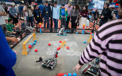 High school competitors at the Center for Initiatives in Jewish Education's annual robotics competition, in New York City, April 29, 2026. (Luke Tress/Times of Israel)