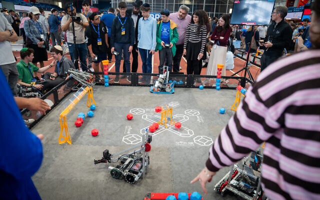High school competitors at the Center for Initiatives in Jewish Education's annual robotics competition, in New York City, April 29, 2026. (Luke Tress/Times of Israel)