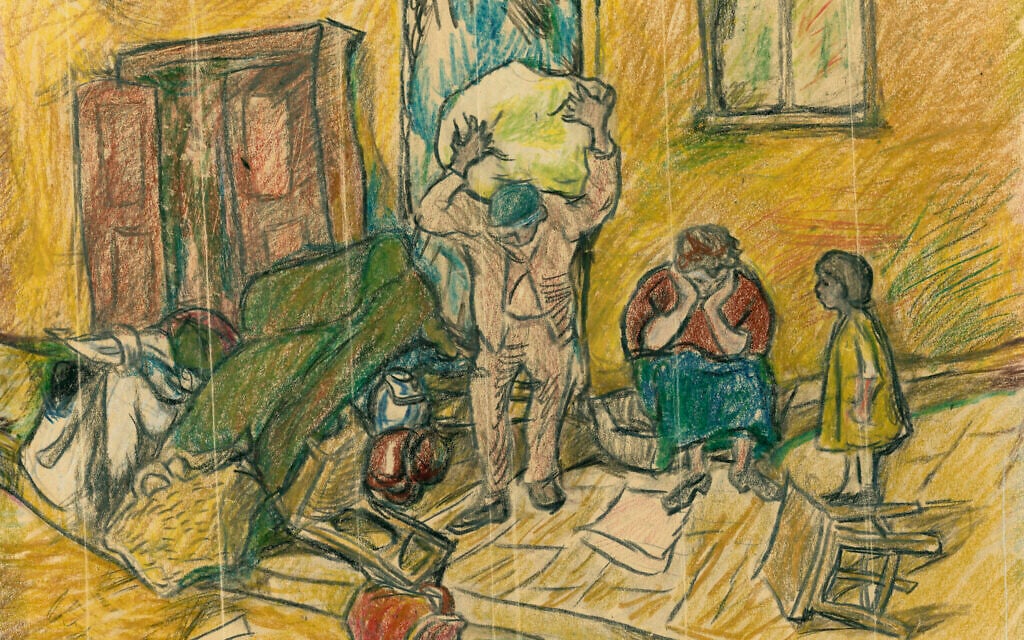 "Expulsion to the Łódź Ghetto," by Szymon (Szymek) Szerman (Art Collection, Moshal Repository, Yad Vashem)