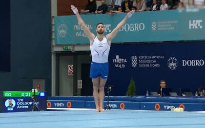 Israel's Artem Dolgopyat at the floor gymnastics final at the Osijek World Cup in Croatia, on April 11, 2026. (Screenshot/YouTube)