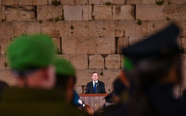 President Isaac Herzog addresses a Memorial Day ceremony at the Western Wall on April 20, 2026. (Kobi Gideon/ GPO)