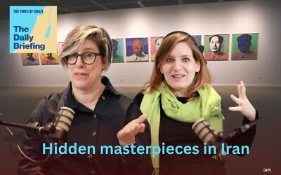 TOI’s Rossella Tercatin and Jessica Steinberg, superimposed over Andy Warhol’s Mao Zedong painting series at the Tehran Museum of Contemporary Art on display in Tehran, Iran, Oct. 19, 2021. (AP Photo/Vahid Salemi)