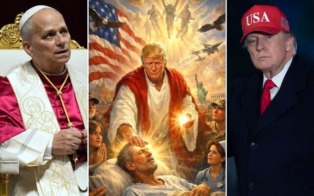 (Left to right): Pope Leo XIV leads a vigil for peace inside St. Peter's Basilica at the Vatican, April 11, 2026 (AP Photo/Gregorio Borgia); President Donald Trump posts an AI post depicting himself as Jesus, April 12, 2026 (Truth Social); Trump waves to reporters as he walks on the South Lawn upon his arrival at the White House, April 12, 2026, in Washington (AP Photo/Jose Luis Magana).